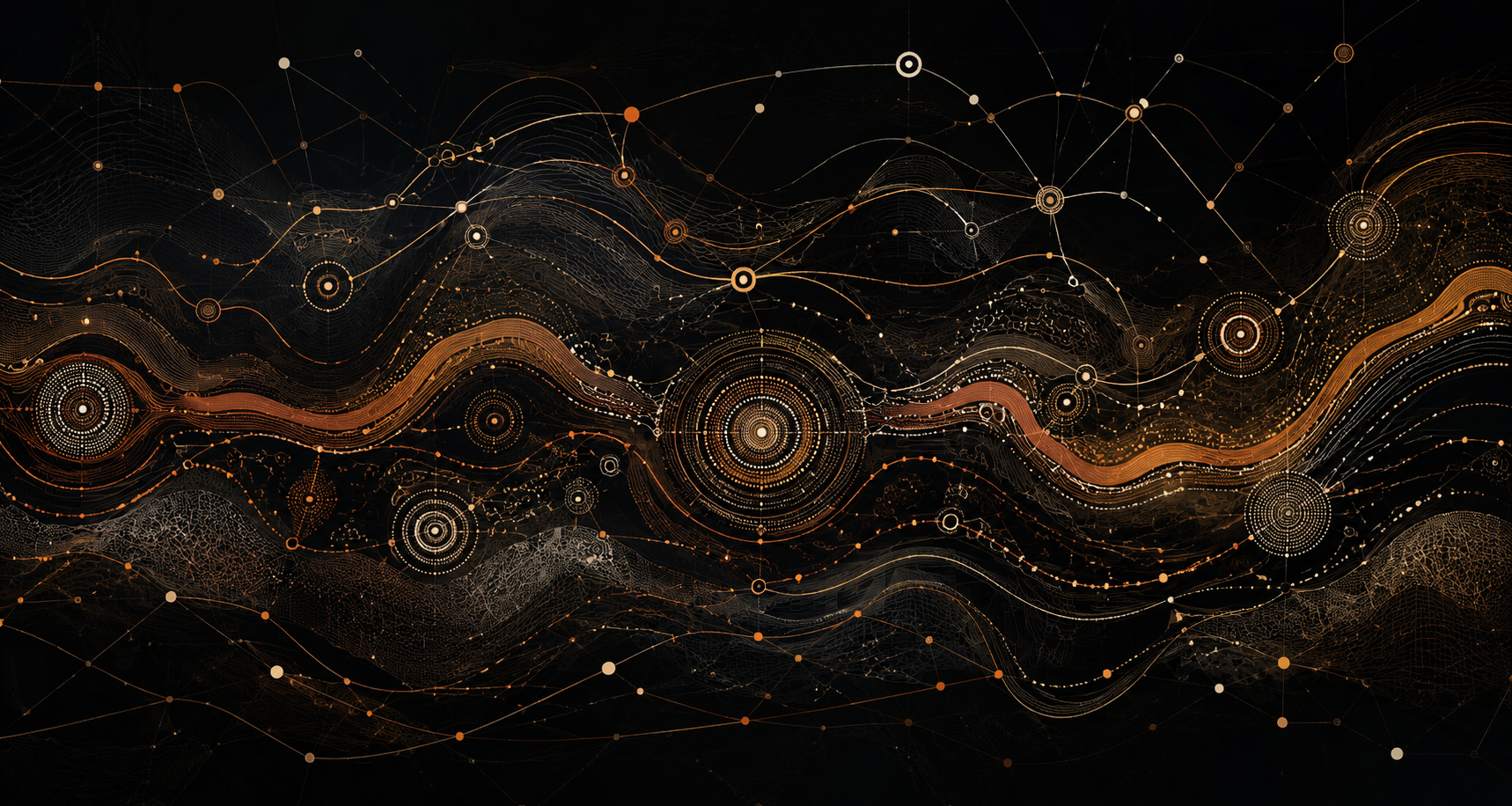 Abstract digital artwork featuring interconnected pathways, circular structures and warm earth-toned network elements on a dark background.
